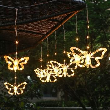Elegant Wedding Reception Party Outdoor Solar Butterfly Fairy String Light Waterproof Fairy Butterfly Window Curtain Icicle Light For Garden Wedding Party Backdrops Yard Holiday Decor Lighting
