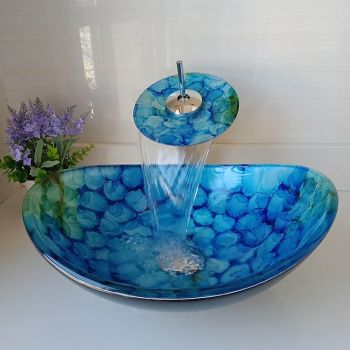 Bathroom Vessel Sink Set Rectangular 16"x13", Sink Mixer Faucet and Drain Combo with Pop-up Drain, Boat Shape Color Tempered Glass Artistic Vessel Vanity Sink Bowl, Above Counter Sink Art Wash Basin Washbasin Art