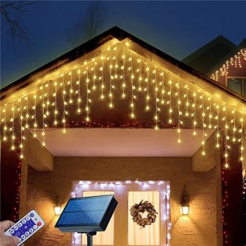 LED Icicle Lights 3/5M 256LED Fairy String Light Outdoor Solar Power Curtain Lights for Window Christmas Party Garden Yard Holiday Decor Lighting With Remote Controller