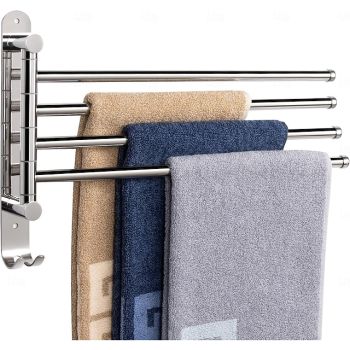 Swivel Towel Rack, Brass 4-Arm Towel Bar, Space Saving Wall Mounted Towel Holder with Hook, Rustproof Swing Out Towel Hanger for Bathroom, KitchenBath Hardware