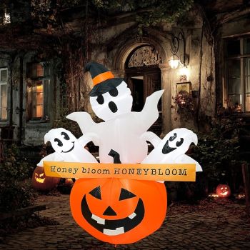 1 Pc1.5M * 1.3M Halloween 3 Head Ghost Pumpkin LED Inflatable Air Model Indoor/Outdoor Courtyard Garden Lawn Party Halloween Festival Atmosphere Light EU/US/AU/UK Plug