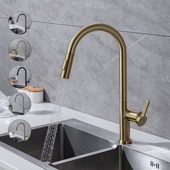 Kitchen Faucet with Pull-out Spray,Single Handle One Hole Brass High Arc 2-modes 360°Rotatable Modern Contemporary Kitchen Taps Pull Down Kitchen Faucets
