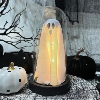 Halloween Lighted Ghost in Glass Cloche Cute Ghost with Light for Home Kitchen Fireplace Tabletop Party Decor Holiday Decorations