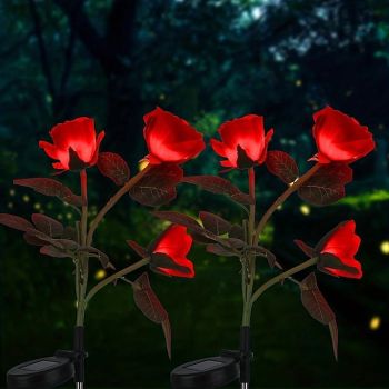 Solar Garden Rose Lights, Valentines Realistic LED Rose Flower Cemetery Decorations Stake Lights for Garden, Courtyard, Yard And Grave Decorative, Waterproof (Red, With 3 Lighted Flower Heads)