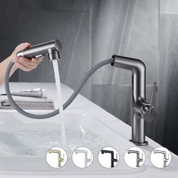 Bathroom Sink Faucet with Pull Out Spray,Brass 3-modes Electroplated / Painted Finishes Centerset Single Handle One Hole Lavatory Rotating Spout for Cold and Hot Water Bath Taps ultimate flexibility