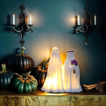 Halloween Decorations Lighted Ghost Night Light, Bride and Groom Figurine Light Up Resin Ornaments, Spooky Home Decor, Perfect for Party Decorations 1Set