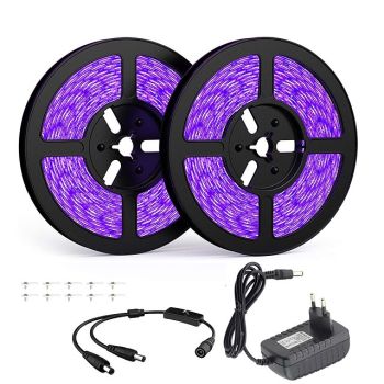 LED Strip Light 2X5M 32.8ft LED UV Black Light Strip Kit 600 Units UV Lamp Beads 12V Flexible Blacklight Fixtures 10m LED Ribbon Waterproof for Indoor Fluorescent Dance Party Stage Lighting Body Paint