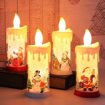 Christmas Flameless Candle LED Pillar Candles Xmas Candlesticks Lamp with Santa Decal for Christmas Party Home Decoration.