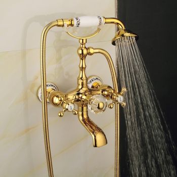 Bathtub Faucet Mixer Tap Telephone Style Luxury Golden Polish With Sprayer Hand Shower Rotate Spout tub Hot and Cold Water Durable Bathtub Faucet