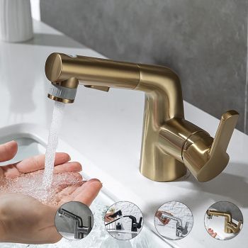 Pull Out Bathroom Sink Mixer Faucet, 360 swivel Pull Down Sprayer Basin Tap Brass, 2 Water Flow Modes with Rotating Spout, Single Handle Washroom Water Tap with Cold Hot Hose ultimate flexibility