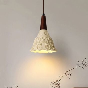 Nordic Beige Resin Pendant Light Pattern Carving with Wood Dining Room Bedroom Suspension Lamp, Modern Lighting