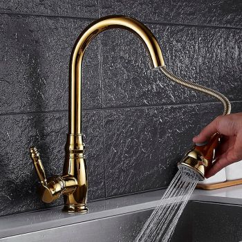 Kitchen Faucet Contemporary Retro Style Ti-PVD Pull-out/Pull-down Vessel/Brass/Single Handle One Hole Pull Down Kitchen Faucets