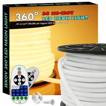 360 Neon Light LED Strip AC110 16-100 ft Flexible/Waterproof/ Dimmable Timing Warm White LED Rope Lightremote Control Suitable for Home/Garden/Building Decoration DIY Decor US Plug