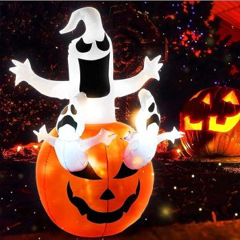 Halloween Decorations 6' Inflatable Jack O Lantern Pumpkin and Ghosts, Blow Up Outdoor LED Yard Display, Waterproof