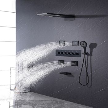 Shower Faucet,Rainfall Shower System 5-Function Thermostatic Mixer valve Body Jet Massage Set Rainfall Shower Multi Spray Shower Waterfall Contemporary Painted Finishes Mount Inside Brass Valve Foundation of a Perfect Shower