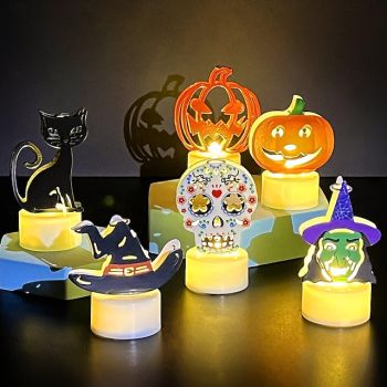 6 Pcs/1set Halloween LED Candle lights Decorative Pumpkin Witch Black Cat Skull Witch Hat Indoor Festival Party Restaurant Halloween Atmosphere Decorative Lights