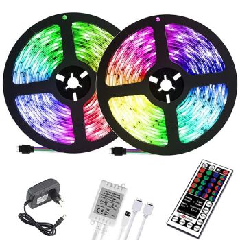 (2x5M)10M 32.8ft LED Light Strips RGB TV Backlight Bedroom Kitchen Christmas DIY Decor 2835 600SMD Color Changing with 44 Key IR Remote Home Kitchen DC 12V