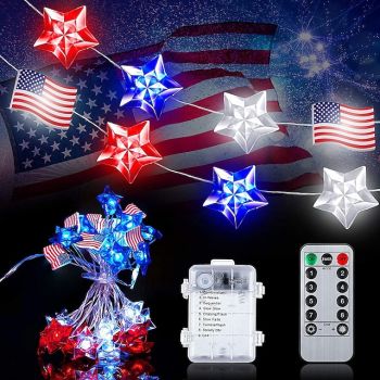 2m 20 Light/4m 40 Light American Flag Waterproof Light String Independence Day Flag of Canada Decoration Remote Control String LED Battery Powered Red White Blue Star Color Light String