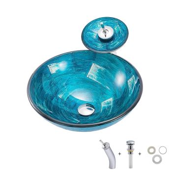 Minimalist Mediterranean Wind Round Basin Tempered Glass Wash Basin With Waterfall Faucet Basin Support Drainer Washbasin Art