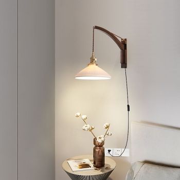 Bedside Wall Mount Wall Lamp Ceramic Lampshade LED Wall Lamp with Wood Lamp Hanger in Scandinavian Style Plug in Wall Light