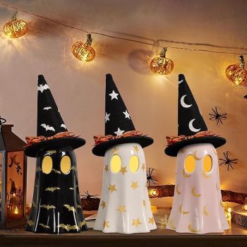 Halloween Ghost Figurine, Resin Small Ghost Figurines with Light, Light Up Ghosts with Witch Hats, Cute Ghost Statue for Spooky Halloween Decor for Indoor Party Tabletop Home Shelf Decoration