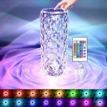 Crystal Table Lamp 16 Colors Change Touch Remote Control Modern Bedside Table Lamp USB Rechargeable Rose Desk Lamp Night Light for Valentines Bedroom Living Room Dinner Bar Decoration