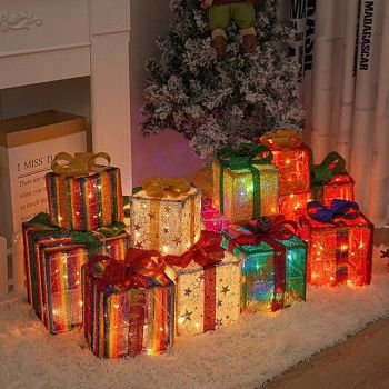 3 Pcs Christmas LED with light bow glowing gift box, indoor and outdoor party atmosphere decoration light props ornament, 8-function waterproof battery box, 15.5/20.5/25.5CM