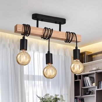 LED Pendant Light Industrial Wood with 3 Heads Adjustable Pendent Chandelier Light Vintage Semi Flush Ceiling Light Living Room E27 Bulb Drop Light Kitchen Dining Room Black Hanging Light