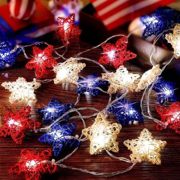 1 Pc 3M-20 LED Star String Lights Red, White, Blue Vine Weaving Pentagram Light String July 4th Independence Day Party Patriotic Atmosphere Decorative Light AAA Battery Box