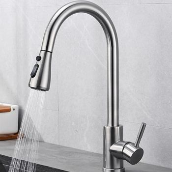 Kitchen Sink Mixer Faucet with Pull Out Spray, 360 Rotating Single Handle Pull Down Tap Nickel Brushed 304 Stainless Steel Deck Mounted Kitchen Vessel Taps Pull Down Kitchen Faucets