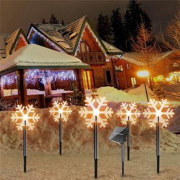 Christmas Snowflake Pathway Lights Outdoor Decorations Solar Landscape Lights Waterproof LED Star Christmas Snowflake Shape Courtyard Lamp for Holiday Home Party Xmas New Year Lawn Decor Warm White