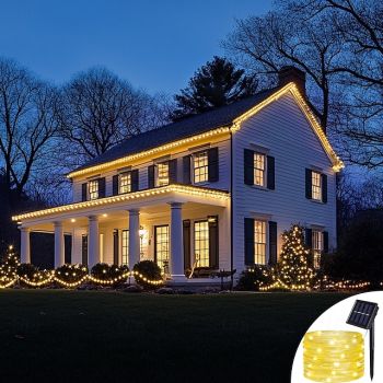 Solar Tube String Lights, 7/12/20M with 50/100/200 LEDs, 8 Modes Waterproof Outdoor LED Copper Wire Lights Christmas for Garden, Wedding, Party, Xmas Decor