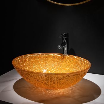Modern Luxury Art Orange Oval Die Cast Glass Wash Basin With Faucet, Basin Holder And Drain Washbasin Art