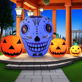 1 Pc 1.4M * 2.6M Halloween Waterproof LED RGB Luminous PVC Inflatable Skull Pumpkin Air Model Indoor and Outdoor Courtyard Garden Lawn Party Halloween Festival Atmosphere Decorative Light AAA Battery