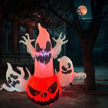 1 Pc Halloween 1.8M/5.91Inch3 Head Ghost Pumpkin with Lamp Inflatable Air Model Indoor and Outdoor Courtyard Garden Lawn Party Festival Atmosphere Decorative Lamp US/EU/UK/AU Plug