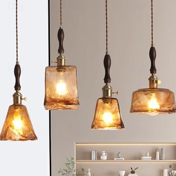 LED Pendant Light Mini Glass Wood Pendant Ceiling Hanging Light with Glass Shade Clear Glass Pendant Lighting for Bedroom Living Dining Room Kitchen