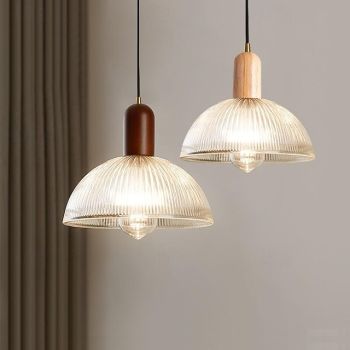 Vintage Semicircular Strpe Glass Pendant Light with Wood Decor for Kitchen Island with E26 Socket Bar Counter Ajustable Height Suspension Lamp for Bedroom Reataurant Loft Cafe Reading