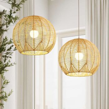 Bamboo Pendant Light 30cm Boho Light Fixture, Hand Woven Wicker Pendant Light,Rattan Chandeliers for Dining Room Kitchen Island Bedroom Foyer Hallway 110-240V