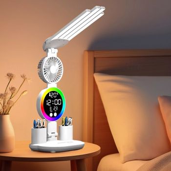 1 Pc multifunctional eye protection desk lamp with no flicker, anti blue light, three levels of dimming, infinite dimming, RGB ambient light, clock, three levels of adjustment, fan, USB charging