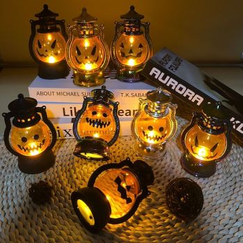 Halloween Decorarions Pumpkin Lamp Retro Small Oil Lamp LED Electronic Candle Portable Pumpkin Lamp Electroplating Magic Color Storm Lantern