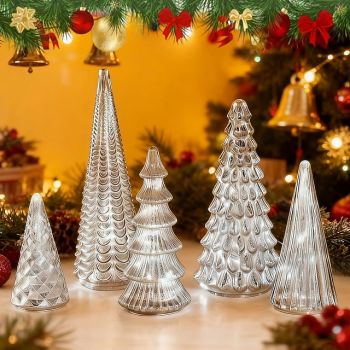BFF Collection Set of 5 Illuminated Mercury Trees, Mercury Resin Christmas Tree Stylish Lighted Figurine for Xmas Home Party Centerpiece