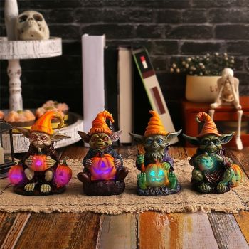 Halloween Decorations Light Up Pumpkin Lantern Elf Resin Craft Decoration Home Desktop Luminous Goblin Doll Decoration LED Night Light Holiday Party Decoration Light  1PC