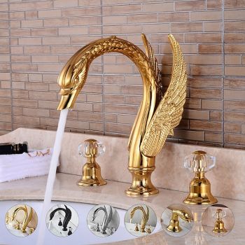Widespread Bathroom Sink Mixer Faucet, 2 Handle 3 Holes Basin Taps Swan Noble Luxury Golden and Oil-rubbed Bronze Bath Taps