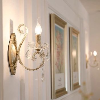 Retro Country Candle Wall Sconce Metal Crystal Wall Light Fixtures Indoor Candle Wall Light 110-240V