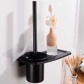 Toilet Brush Holder Set Aluminum Material Include Bathroom Toilet Brush and Toilet Brush Holder Wall Mounted Black 1Set