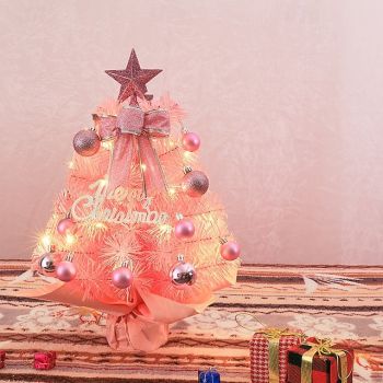 Tabletop Christmas Tree with Lights 45cm, Pink/Green Artificial Christmas Tree Mini Small Xmas Tree, with Christmas Ball Ornaments for Holiday Indoor DIY Christmas Decoration Gifts