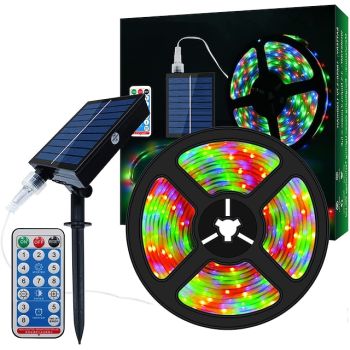 5m 16.4ft RGB Solar Rope Lights Outdoor Waterproof LED Strip Light 300 LEDs SMD2835 with Remote Control 8 Modes Color Changing USB Charging 1000mAh IP67 Decor Automatic Timed