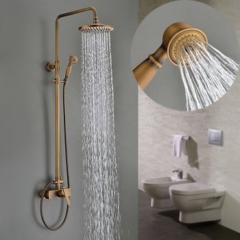 Traditional Shower Faucets Set, Wall Mount Antique Brass Tap with 8 Inch Round Rainfall Shower Head Wide Spout Brass Handheld Sprayer, Bathroom Shower System Vintage Brushed Rainfall Shower Suit Foundation of a Perfect Shower