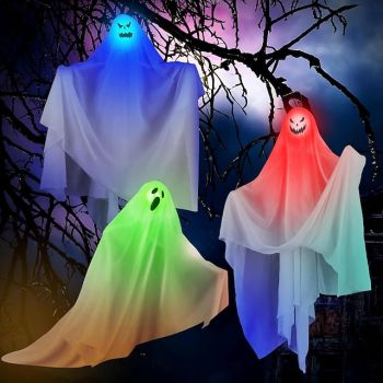 3pcs Halloween Decorations Lighted White Ghost LED Lights Hanging Lighted Ghost Horror Decor Door Hanging Haunted House Halloween Party Scene Layout Props