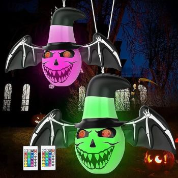 1/2PCS Halloween Funny Horror Atmosphere Decoration Props PVC Ghost LED Colored Light Glowing Bat Inflatable Toy Ghost Festival Party Home Indoor and Outdoor Decoration